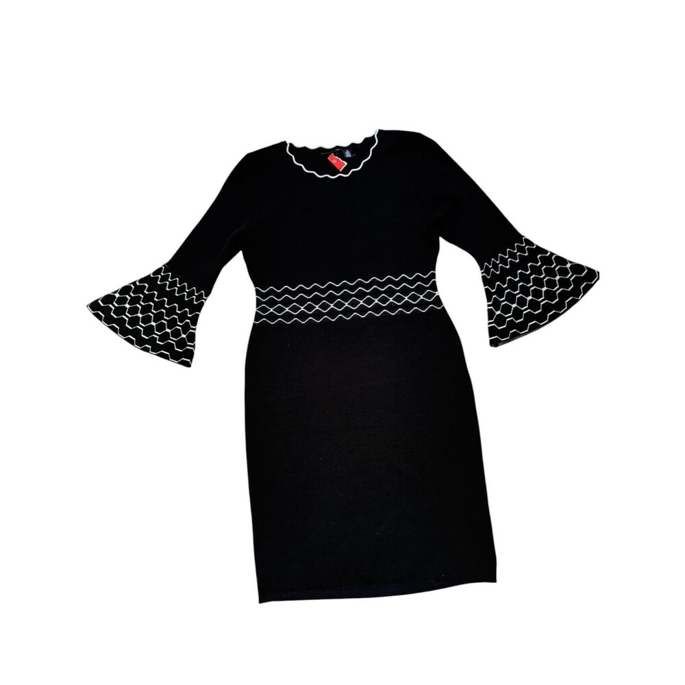 Nina Leonard Black & White Rayon Blend Whimsigoth Bell Sleeve Office NWT Dress M
